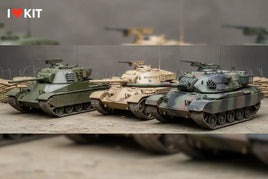 Three detailed military tank model kits in green, tan, and camouflage from MPM Hobbies.