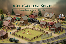 N scale Woodland Scenics model train village with detailed miniature buildings, people, animals, and farm structures, ideal for 3D printed hobby scenery from MPM Hobbies.