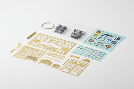 Tamiya 1/48 aircraft detail parts: photo-etched cockpit sets, brass rigging wires, decal sheets, detail-up accessories on white background