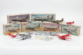 Vintage model airplane kits and built aircraft displayed with decals, from MPM Hobbies collection.