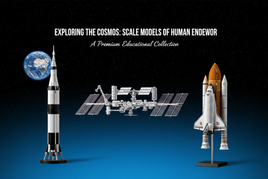 Educational space scale models collection featuring Space Shuttle, Apollo Saturn V rocket and ISS against Earth backdrop