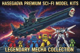 Sci-fi spaceship and colorful robot mecha models in space, Hasegawa premium model kits ad