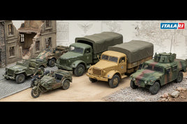Scale model military vehicles and trucks displayed in a detailed diorama, Italeri kits, MPM Hobbies