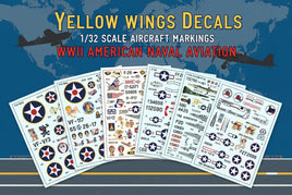 Yellow Wings waterslide decal sheets for 1/32 scale WWII American aircraft including F4F Wildcat, SBD Dauntless, P-26 Peashooter with US national insignia, squadron markings and serial numbers on patriotic background