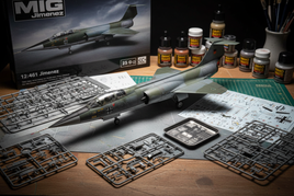 1/48 MIG Jimenez F-104G Starfighter jet kit with detailed parts, photo-etch, decals & premium packaging on modeling workbench