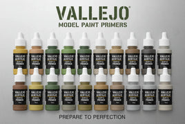 Vallejo model paint primers assortment, acrylic primer bottles in various colors for hobby painting at MPM Hobbies