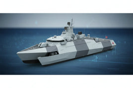 Modern gray naval ship model with angular camouflage, Norwegian flag, on blue background