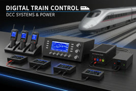 Digital train control DCC systems and power units with controllers on display at MPM Hobbies