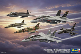 Premium jet aircraft model collection by Revell, various fighter jets flying at sunset, 1/48 scale