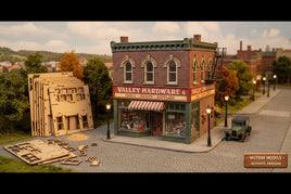 Model of Valley Hardware building kit on a detailed miniature street scene, MPM Hobbies 3D printed product