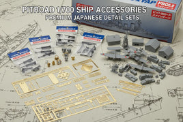 Pitroad 1/700 scale ship accessories Japanese model detail sets with plastic parts, photo-etch, and miniature vehicles on blueprint.