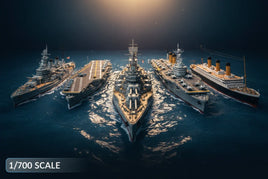1/700 scale model warships and ocean liner displayed on blue water, MPM Hobbies product showcase