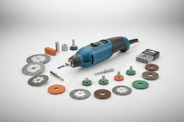 Dremel rotary tool kit with various grinding, sanding, and cutting accessories on a white surface