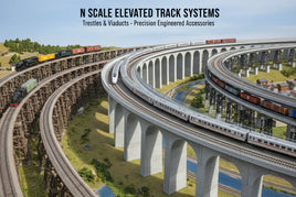 N scale model trains on elevated trestles and viaducts with tracks, by MPM Hobbies.