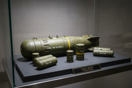 1/48 scale model naval mines display, including MK-65, on exhibit for hobby enthusiasts.