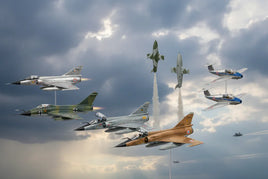 Model military aircraft jets and rockets flying in formation with cloudy sky background, MPM Hobbies
