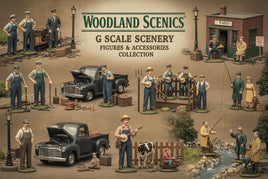 Woodland Scenics G scale scenery figures and accessories, model railroad people, vehicles, and buildings