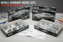 Revell Germany 1/24 scale model car kits with assembly parts and instructions on table, MPM Hobbies