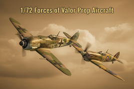 1/72 scale Forces of Valor diecast WWII propeller aircraft including German FW 190 D-9 Dora in late-war camouflage and British Spitfire Mk. IX in RAF colors flying against vintage 1940s sky with military aviation-style collection title