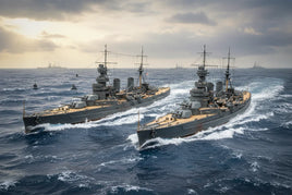 Realistic model warships on ocean diorama, 3D printed naval models by MPM Hobbies.