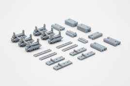Assorted gray 3D printed hobby model parts from MPM Hobbies on a white background