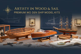 Premium wooden ship model kits on display table at MPM Hobbies, featuring detailed boats and tools.