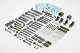 1/48 scale aircraft aftermarket parts including resin weapons, missiles, bombs, photo-etch details, and precision-molded ordnance accessories
