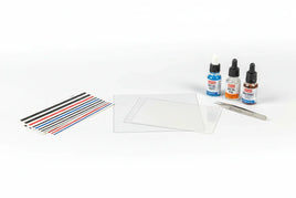Model decal application kit with colored decal sheets, clear sheets, tweezers, and decal solutions, available at MPM Hobbies.