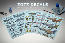Zotz Decals military aircraft model sticker sheets with tools on tabletop, MPM Hobbies