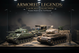 Professional display of 1/16 scale military vehicle models including German Panzer tanks, American Sherman tanks, and anti-tank guns with detailed weathering and museum-quality presentation