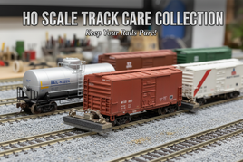 HO scale model train cars with track cleaning cars on detailed model railroad layout, MPM Hobbies