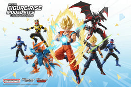 Assorted Bandai Figure-Rise anime model kits, including dynamic action figures and robots, on display.