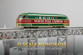 Vintage O scale MTH tinplate Detroit monorail train in classic livery on elevated single-rail track system with streamlined Art Deco design