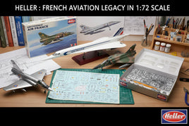 Heller 1:72 scale French aircraft model kits with Air France Concorde, assembly parts, and decals on a workbench.