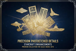 Gold photoetched model kit details with starcraft and submarine on a cosmic background, MPM Hobbies premium collection.