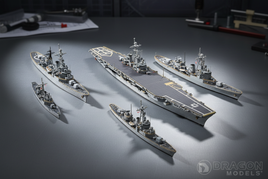 Professional display of 1/700 scale Dragon Models naval warship kits featuring destroyers, cruisers, and carriers with authentic detail