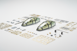 1/32 scale AFV Club Have Glass II anti-reflective canopy aftermarket parts for F-117A Nighthawk and A-10A Thunderbolt II aircraft with clear resin detail components on white background