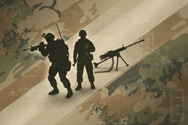 Silhouettes of two soldiers with gear and a mounted machine gun on camouflage background, MPM Hobbies military models