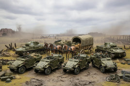 Detailed military vehicle scale models diorama with soldiers, tanks, and horses by MPM Hobbies