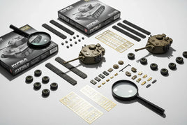 Ryefield model tank kits with parts, wheels, tracks, brass details, and magnifying glasses, sold at MPM Hobbies