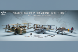 1/72 scale MikroMir propeller aircraft models featuring rare vintage designs including Italian Caproni bombers, French prototypes, and British trainers with precision detail and authentic historical markings for specialized aviation collectors