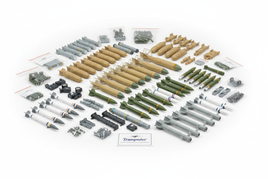 1/32 scale Trumpeter aircraft aftermarket weapons including MK-82 bombs, GBU-10 guided munitions, AGM-65 Maverick, AIM-9 Sidewinder and AGM-88 HARM missiles on white background