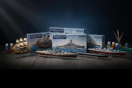 Mid-scale model ships 1/225 to 1/320 including Yamato battleship, Mayflower, submarines, and sailing vessels