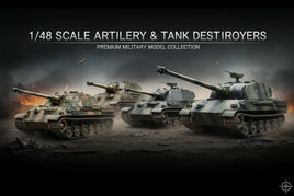 1/48 scale military tank model collection with artillery tank destroyers in battle scene, MPM Hobbies