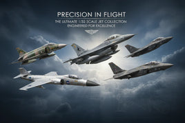 Five detailed 1/32 scale model fighter jets in flight, MPM Hobbies model collection promo
