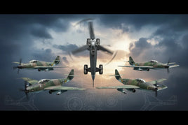 Five green military model airplanes in flight against a cloudy sky, MPM Hobbies