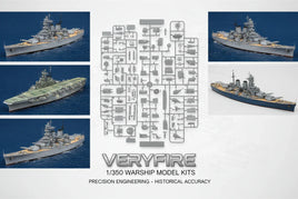 VERYFIRE 1/350 scale warship model kits, precision engineered, shown with assembled ship models and plastic parts sprue, available at MPM Hobbies.