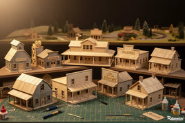 3D printed miniature Western buildings for model railroads by MPM Hobbies on crafting table