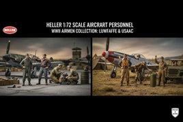 Heller 1:72 scale WWII aircraft personnel model figures with planes and equipment on display.