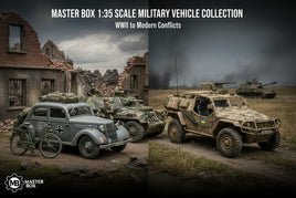 Master Box 1:35 scale military vehicle models WWII to modern, shown in realistic diorama setting